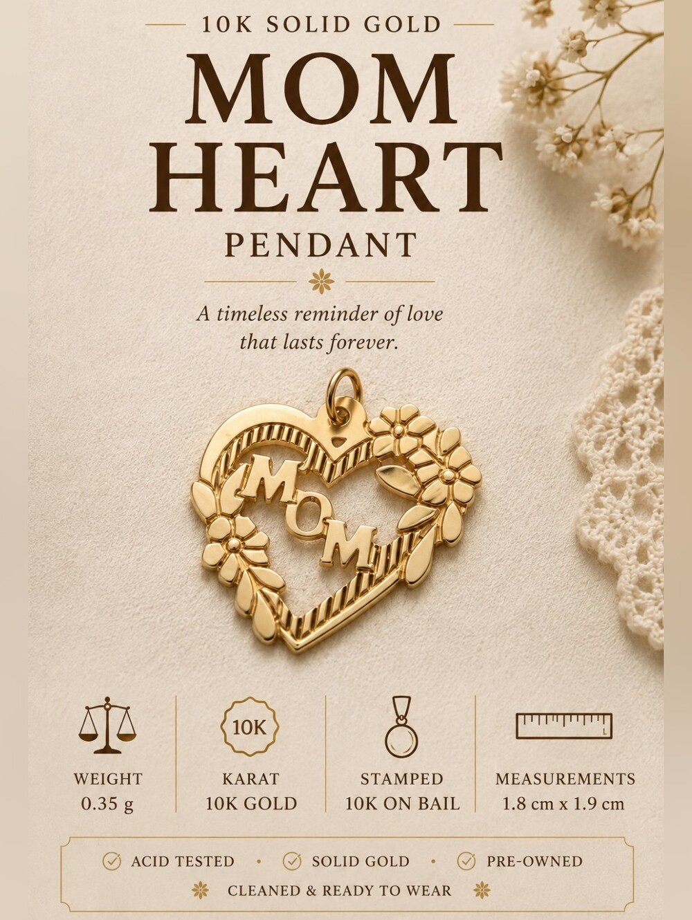 💛 10K Gold MOM Heart Pendant | Stamped | 0.35 g